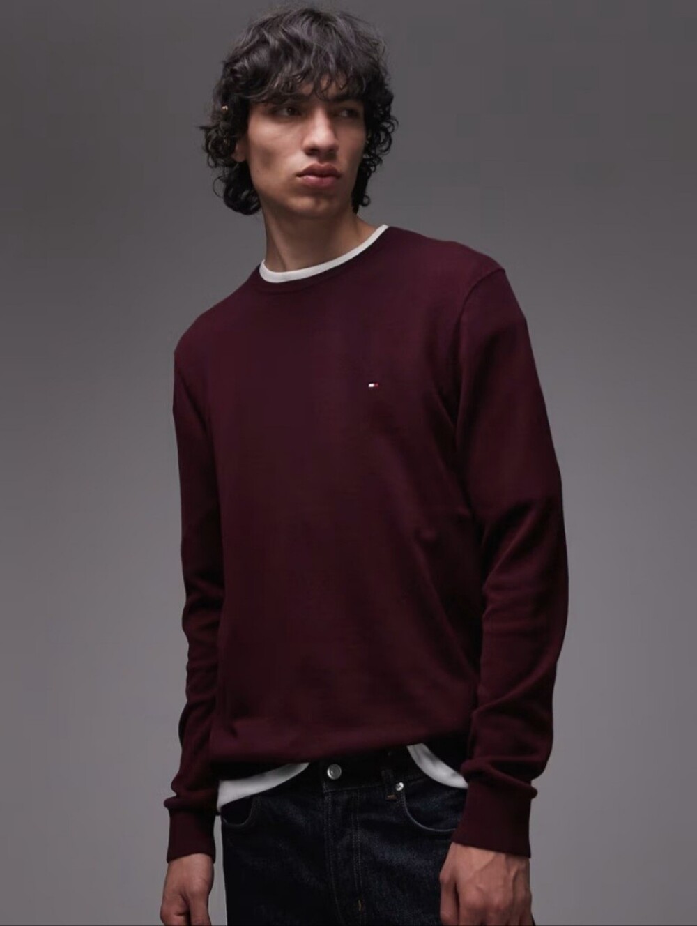 Tommy Hilfiger Men's Burgundy Crew Neck Sweater Cotton Preppy Classic Fall